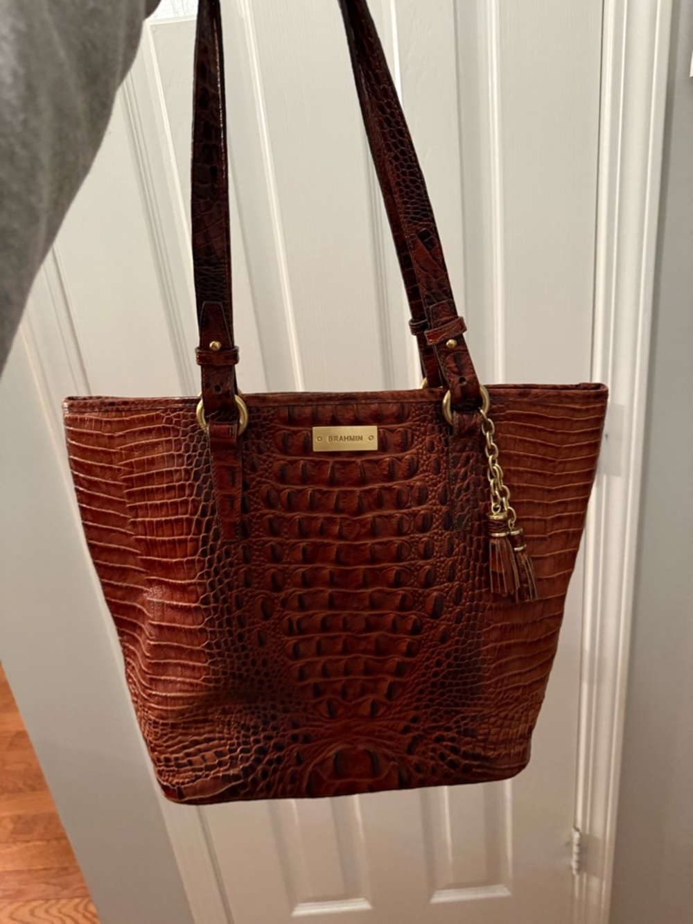 Brahmin Croc-Embossed Leather Tote in Whiskey Brown